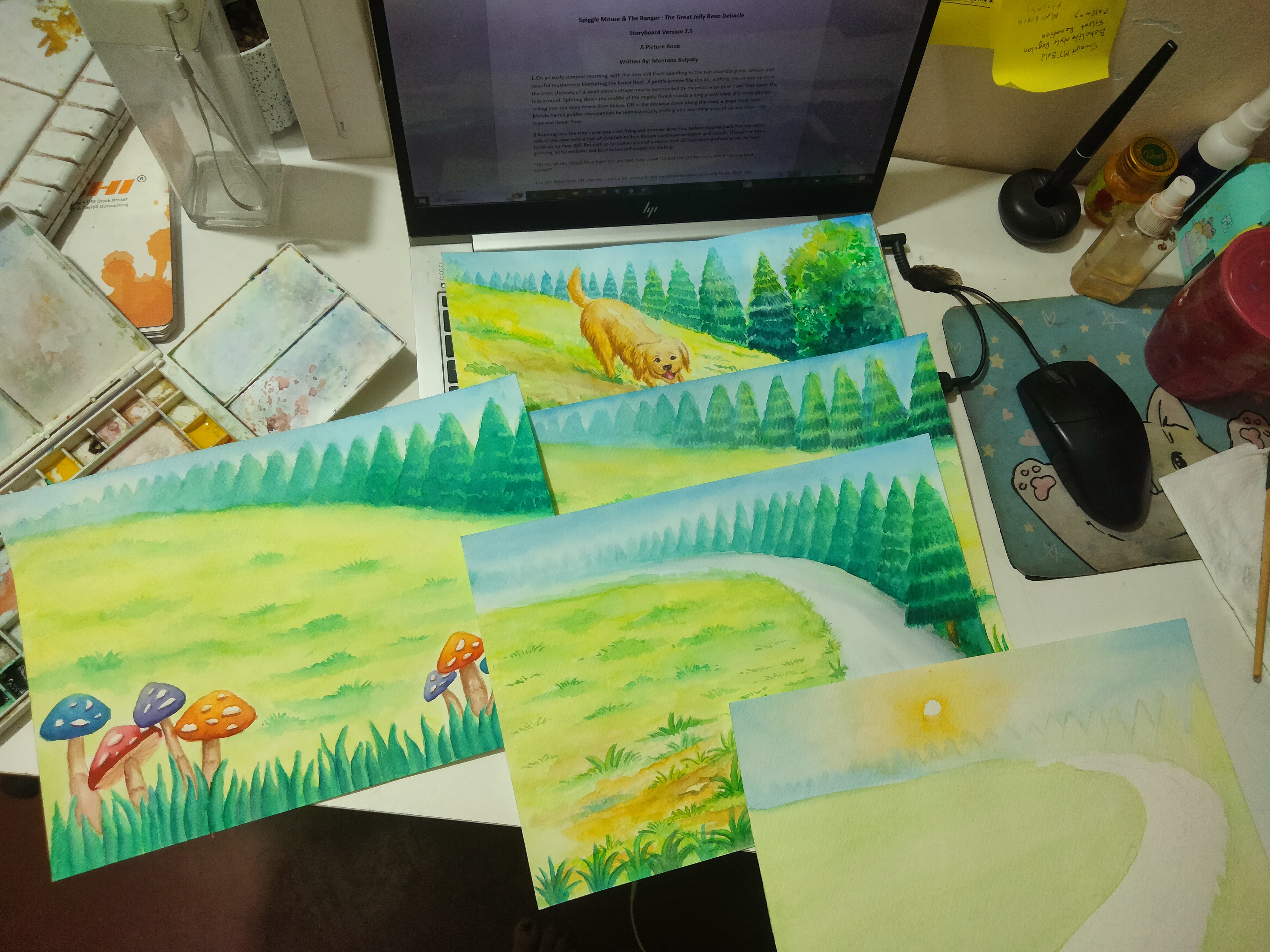 Jhumur Sarker's watercolour paints and brushes used to illustrate Spiggle Mouse and The Ranger